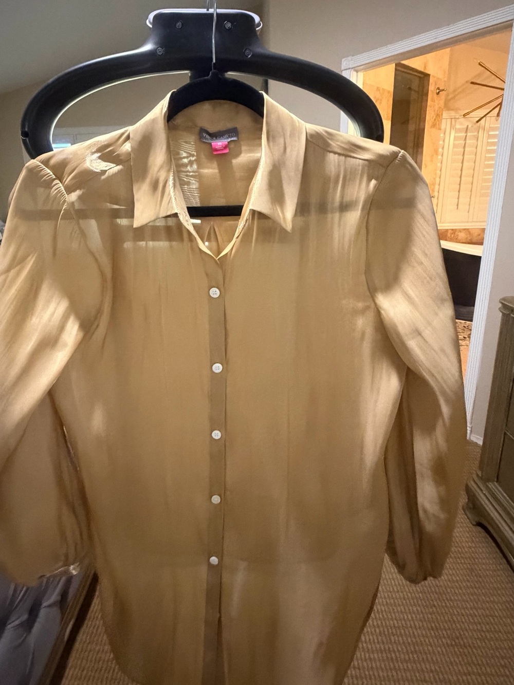 Vince Camuto Sheer Button-Down Blouse in Gold Tan